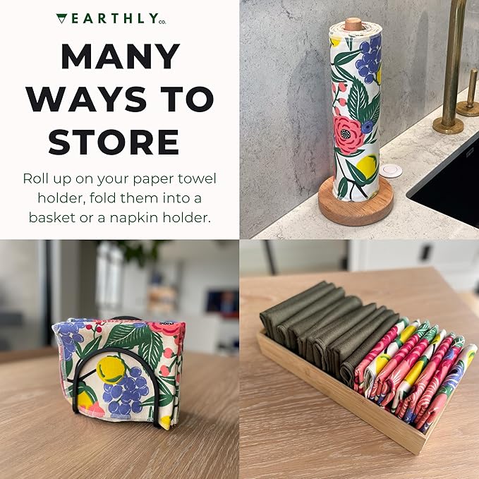 Reusable Paper Towels - 10 Pack - Roll of Washable Cotton Cloth Paper Towels - Paperless Reusable Napkins Cloth Washable - Absorbent + Long Lasting - Zero Waste Products - (Holly Jolly)