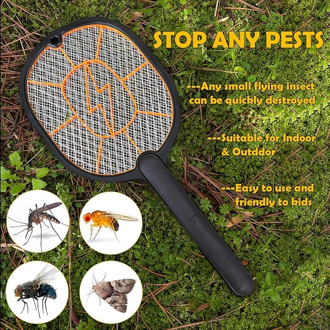 2 Pack Electric Fly Swatter 3000V Battery Powered Handheld Bug Zapper Racket 3-Layer Protection Grid Mosquito Zapper for Home Bedroom Kitchen Office Backyard Patio Indoor Outdoor