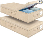 Supowin Underbed Storage Containers Bin with Lids (Set of 2) Large Under Bed Storage Organizer Box with Handle, Foldable Under the Storage Bags for Organizing Clothes, Shoes, Blankets, Pillows-Khaki