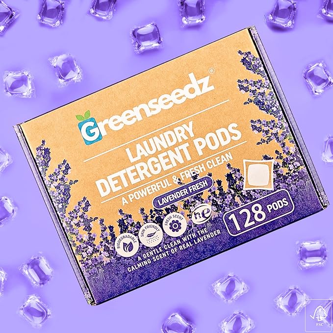 Greenseedz Laundry Pods, Fresh Lavender Scent, 128 Pacs, Eco Friendly, Powerful Clean, Skin Friendly, Biodegradable, HE Compatible