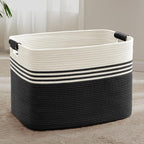 100L Extra Large Laundry Basket with Leather Handles for Living Room Storage, Woven Rope Baskets for Blanket, Kids Toy, Gifts, Wicker Hamper for Bedroom Dirty Clothes, 24"x16"x16" White Black