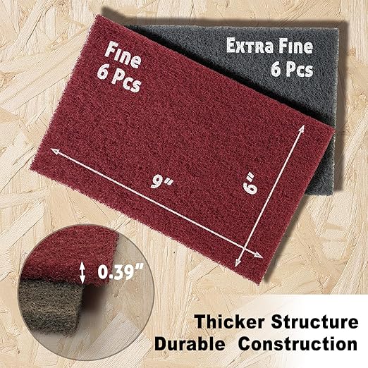 12-Pack 6x9 Scuff Pads - 6 Gray P800 + 6 Maroon P320, Non-Woven Aluminum Oxide for Auto Body, Woodworking, Metal Finishing