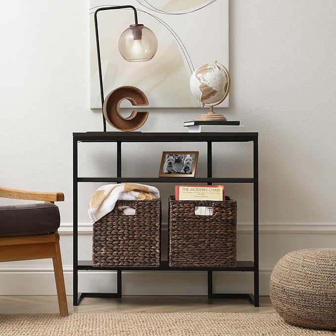 Casafield 12" x 12" Water Hyacinth Storage Baskets, Espresso - Set of 2 Collapsible Cube Organizers, Woven Bins for Bathroom, Bedroom, Laundry, Pantry, Shelves