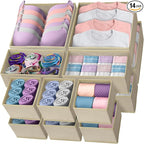 Reli. Drawer Organizer Clothes (14 Pack) | Dresser Drawer Organizers & Nursery Organization | Foldable Fabric Dresser Storage Dividers for Bras, Nursery, Changing Table, Baby Clothes, Clothing (Beige)