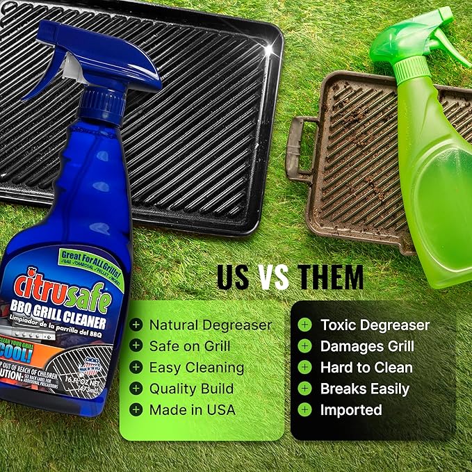Citrusafe BBQ Grill Cleaner Spray for Outdoor Grill 16 OZ – Safe Heavy Duty Cleaner for Burnt Food & Grease – Degreases & Cleans Grates, Racks, Pellet, Ovens, Flat Top Grills, and Electric Smokers
