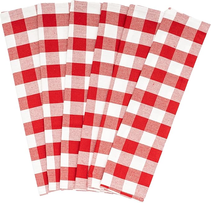 Red and White Christmas Plaid Kitchen Towels - 6 Pack, 20"x30", 100% Cotton, Red Checkered Dish Towels with Hanging Loop - Absorbent, Washable, Multipurpose Buffalo Plaid Tea Towels (6 Pack)