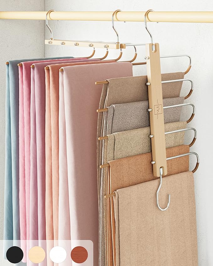 MORALVE Pants Hangers Space Saving - 4 Pack European Beechwood Scarf and Jean Hangers - Closet Organizer and Space Saver Pant Rack, Leggings Hanger, and Scarf Holder with 360° Swivel Hook