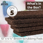 Heavy Duty XL Brown Scouring Pad 5 Pack. 10 x 4.5in Large Multipurpose Nylon Scrubbing Sponges. Clean Bathrooms, Kitchens, Counters and Floors to Erase Grime and Make Surfaces Sparkle