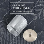 Clear Transparent Apothecary Ribbed Geometric Etched Glass Jar W/Satin Nickel Metal Lid for Bathroom Organization, Cotton Balls, Q Tips, and Small Accessories, Bathroom Storage