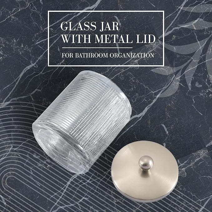 Clear Transparent Apothecary Ribbed Geometric Etched Glass Jar W/Satin Nickel Metal Lid for Bathroom Organization, Cotton Balls, Q Tips, and Small Accessories, Bathroom Storage