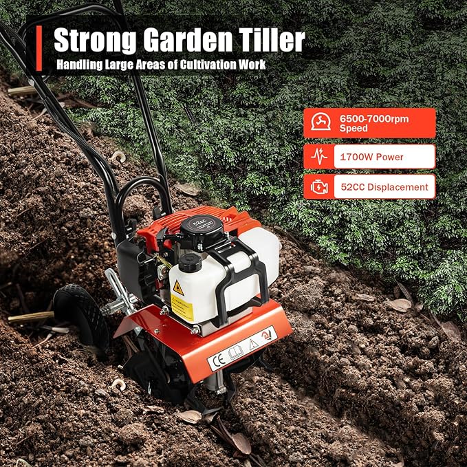 Gas Powered Tiller Cultivator Rototiller, 2-Stroke 52CC 2HP 1900W Soil Cultivator Soil Tilling Machine, 6500-7000RPM Air-Cooled Gasoline Garden Farm Tiller, for Plowing/Tilling/Furrowing