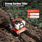 52cc 2 Stroke Gas Mini Tiller Cultivator, 1700W Garden Tiller with Widened Mud Flap and 4 Steel Tines, Gas Powered Garden Tiller Cultivator for Garden, Lawn, Soil Cultivation, 6500-7000RPM