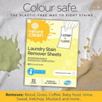 Nature Clean Natural Stain Remover for Clothes Laundry Strips Unscented 32 Count, Non-Toxic Advanced Stain Remover Treater Laundry Sheets, Plastic-Free Travel Stain Remover for Fabric Eco-Friendly