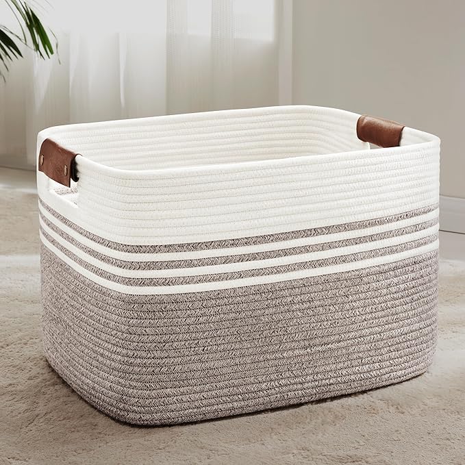 86L Extra Large Laundry Basket with Leather Handles for Living Room Storage, Woven Rope Baskets for Blanket, Kids Toy, Gifts, Wicker Hamper for Bedroom Dirty Clothes, 24"x16"x14" Dark Brown