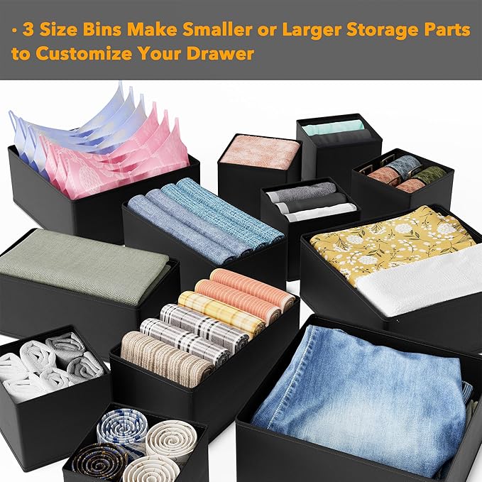 SpaceAid Drawer Organizer Clothes, 12 Pack Dresser Organizer Bins for Nursery, Closet Organization and Storage Dividers for Clothing, Baby Clothes, Underwears, Socks (Black)
