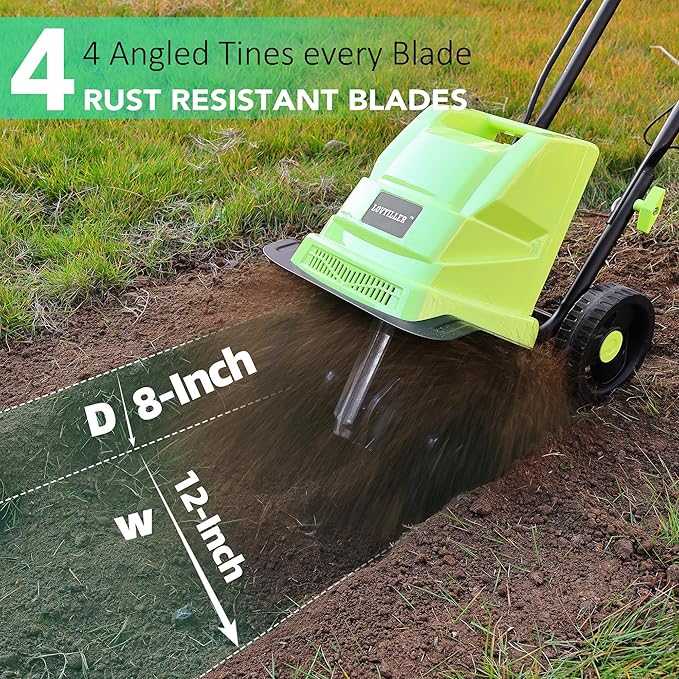 12 Inch Small Electric Corded Garden Tiller Cultivator 13.5 AMP Power Rototiller for Gardening with Adjustable Wheels