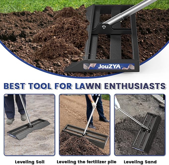 Lawn Leveling Rake 30x10 inch, Lawn Leveler Tool with Stainless Steel, 80" Extended Handle, Heavy-Duty for Garden, Golf Course, and Farm