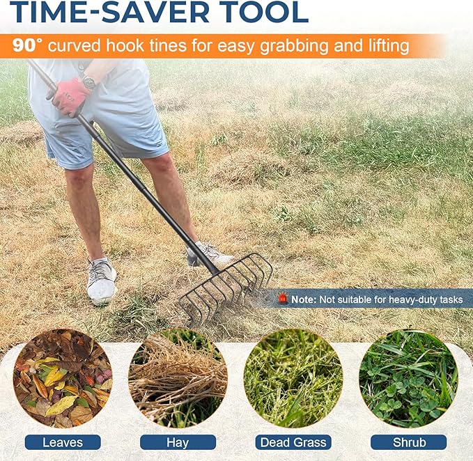 L-Shaped Garden Rake with Oversize Head - 72" Adjustable Lightweight Metal Rake for Thatch, Leaves, Hay, Mulch - Efficient Yard Tool for Quick Cleanup, Effortless Collecting Cleaning
