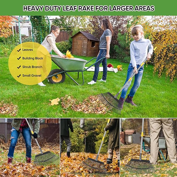 Rake Heavy Duty 6FT Long Garden Rake , 18.5 Inch Wide Leaf Rake for Lawns, 25 Metal Tines, Adjustable Stainless Steel Handle, Rakes for Leaves, Yards, Grass, Garbage, Weeds, Debris (Yellow)