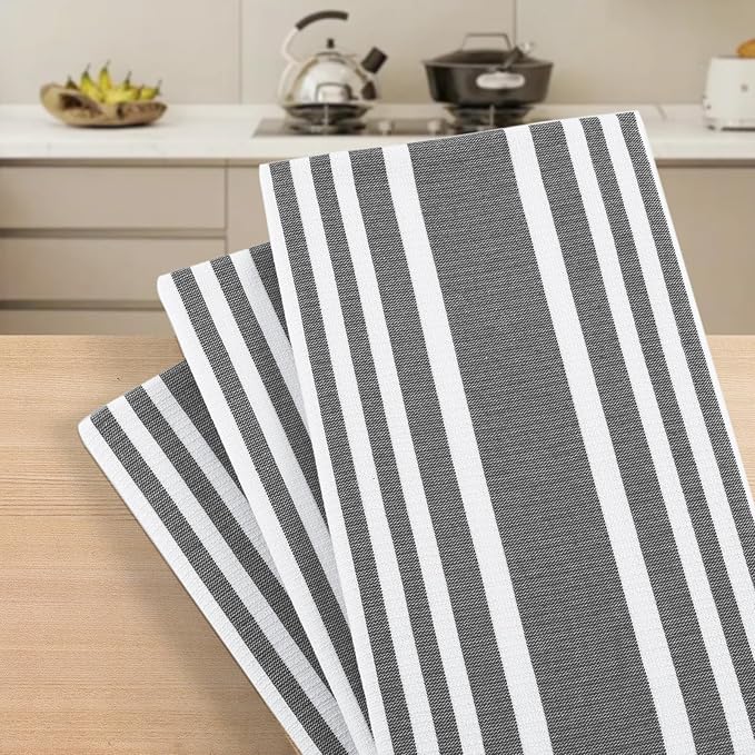 Homaxy Premium Kitchen Towels 18”x 28”, Large Cotton 380 GSM Kitchen Hand Towels, Stripe and Terry Dish Towel, Highly Absorbent Tea Towel Set with Hanging Loop, 12 Pack, Black