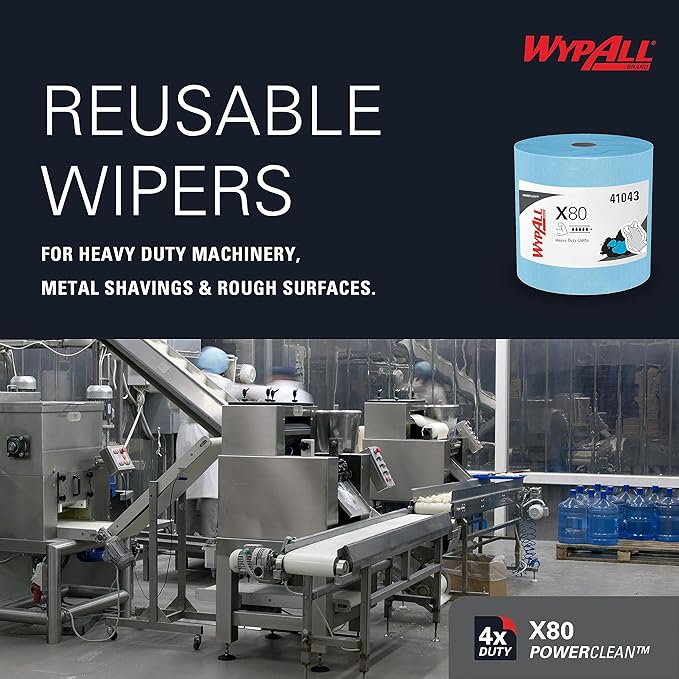 WypAll PowerClean X80 Cloths Heavy Duty Wipes (41043), Jumbo, Extended Use Towels, Blue (1 Roll of 455 Sheets, 455 Sheet Total)