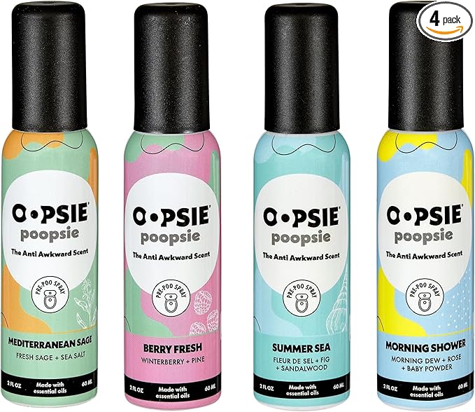 Oopsie Poopsie Pre Poop Spray - 4 Pack Natural Pre Poo Toilet Spray for Bathrooms, Trap Odors & Eliminate Embarrassment, 2oz Travel Size Pre Poo Air Freshener Spray (Variety 4-Pack)