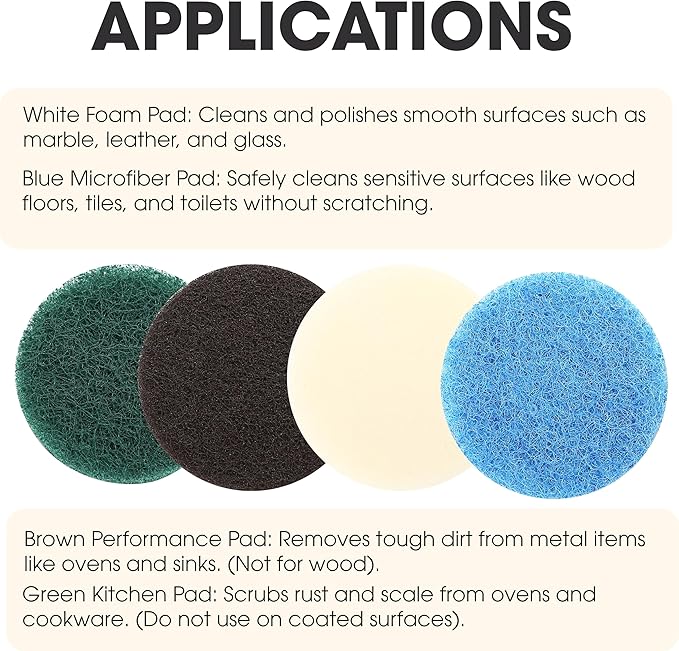 16pcs Power Scrubber Pad Set Compatible with Dremel Versa PC10 Ruby Horsepower Includes 4 Foam, 4 Kitchen, 4 Performance, 4 Microfibre Pads Electric Cleaning Tool Replacement Scouring Pads Accessories