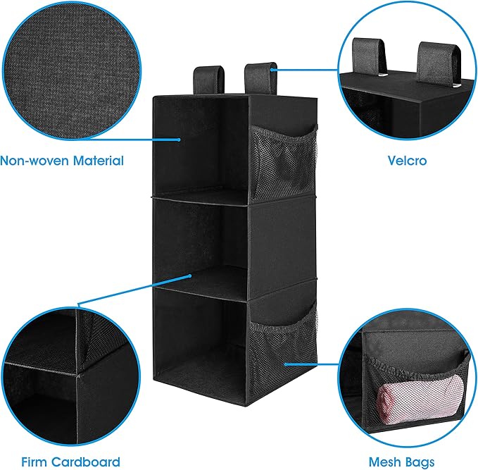 MAX Houser 3-Shelf Hanging Closet Organizers, Collapsible Closet Hanging Shelves for Camper, Nursery Hanging Organizers, Black, 2-Pack