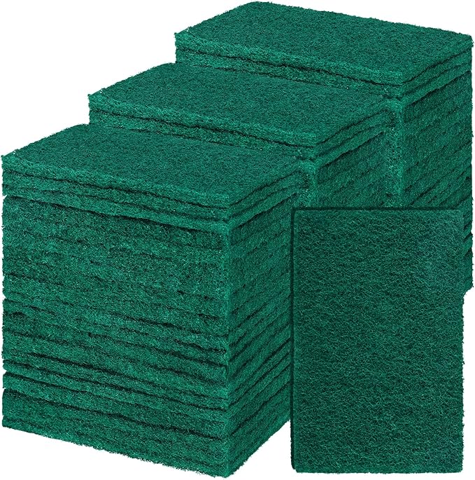 Hoolerry 100 Pcs Heavy Duty Scouring Pads Non Scratch Household Scrub Pads for Cleaning Reusable Pan Scrubber Anti Grease Scrubbing Pads for Dish Kitchen Metal Grills, 4.3 x 3 x 0.3 in (Green)