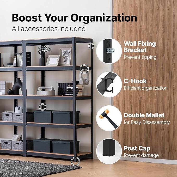 HOMEDANT House 24.4" W 5 Tier Heavy Duty Garage Shelving Adjustable Metal Rack Storage Shelves Standing Shelf Unit Organizers Pantry Closet Office Black 1Pack