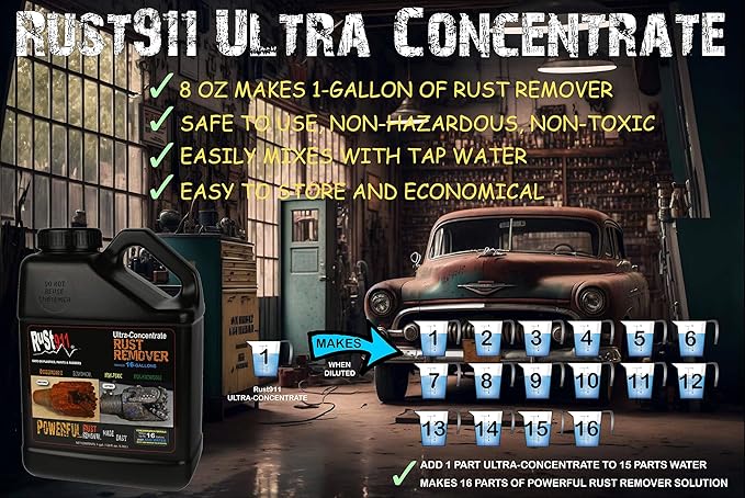 Rust911: Makes 8-Gallons of Rust Remover Dissolver - Economical, Safe-to-Use, No Acids - Fast Rust Removal Without Sanding or Harsh Chemicals: Ultra-Concentrated 1/2-Gallon Bottle