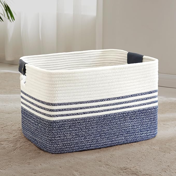 72L Large Laundry Basket with Leather Handles for Living Room Storage, Woven Rope Baskets Bin for Blanket, Kids Toy, Gifts, Wicker Hamper for Bedroom Dirty Clothes, 22"x17"x12" Denim Blue