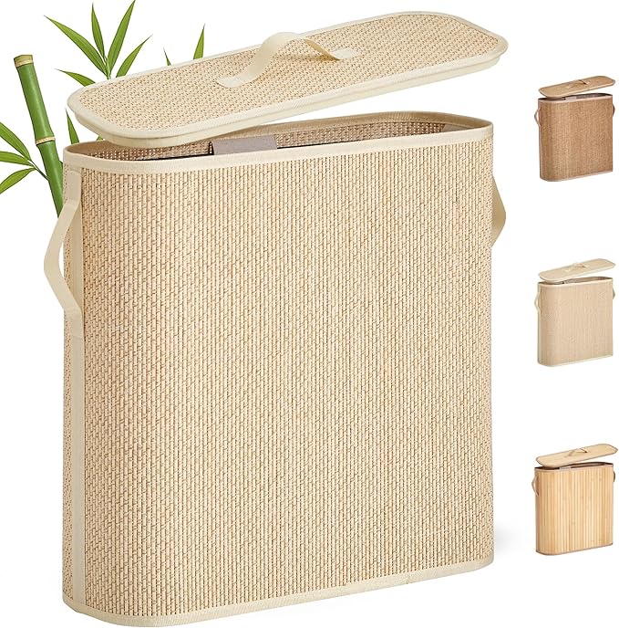 Bamboo Toilet Paper Storage Basket with Lid & Handle - 32L Large Capacity Handwoven Bathroom Organizer for 16 Rolls - Sturdy Stand Holder for Toilet Paper Organization, Light Natural
