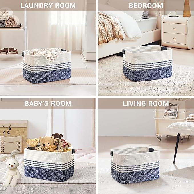 45L Small Laundry Basket with Leather Handles for Living Room Storage, Woven Rope Baskets Bin for Blanket, Kids Toy, Gifts, Wicker Hamper for Bedroom Dirty Clothes, 18"x14"x11" Denim Blue