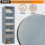 Hanging Closet Organizer and Storage 6-Shelf, Easy Mount Foldable Hanging Closet Wardrobe Shelves, Clothes Handbag Shoes Accessories Storage, Washable Oxford Cloth Fabric, Grey