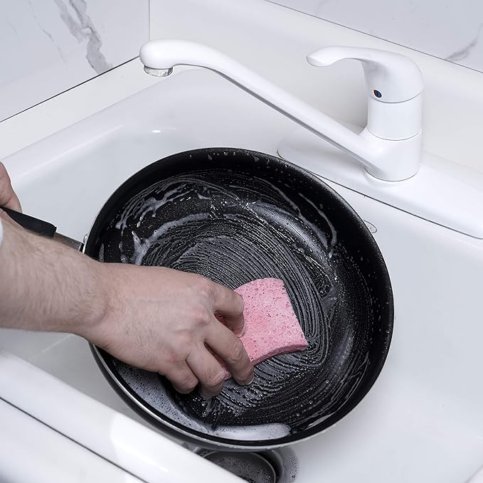 Non-Scratch Cellulose Sponge Kitchen Scrub Sponge with Scouring Pad Set, Good for Non-Stick Cookware Frying Pan, Pot, Counter Top, Sink Scrubbing, Kitchen Scrubbers, Pack of 1, Red/Pink