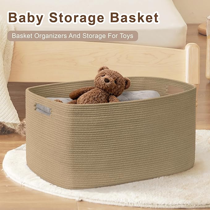 45L Small Wicker Laundry Basket for Living Room Storage,Cute Boho Woven Cotton Rope Baskets for Kids Toy,Gifts,Square Blanket Hamper for Bedroom Dirty Clothes,Jute