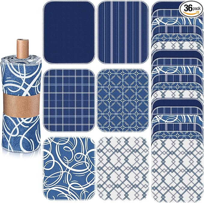 36 Pack Geometric Vintage Reusable Cleaning Cloths Washable Cotton Kitchen Towels for Home (Blue)