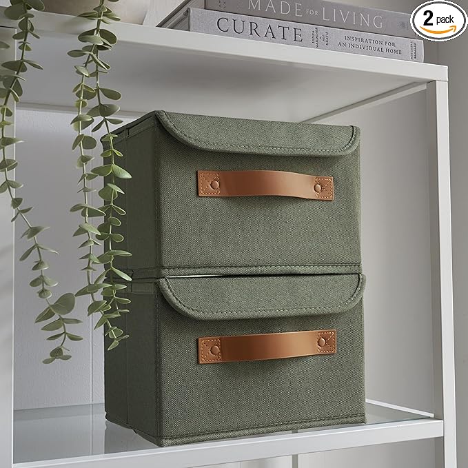 Decorative Linen Storage Boxes with Lids - Spacious Set of 2 Organizer Bins for Your Home Decor - The Perfect Small Container to Safely Store Photos, Documents and Memory Box Keepsakes in Style