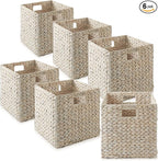 Casafield 12" x 12" Hyacinth Storage Baskets, Whitewash - Set of 6 Storage Organizers, Woven Wicker Cubes for Bathroom, Bedroom, Laundry, Shelves