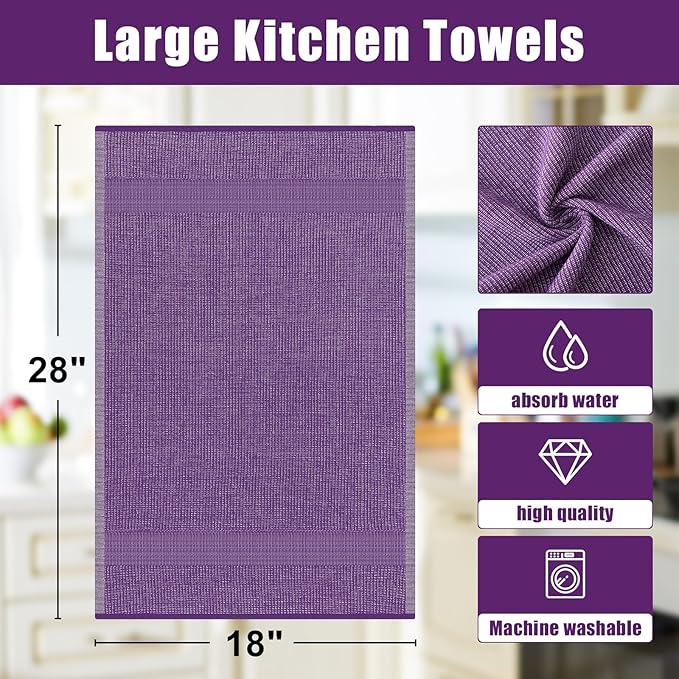 Homaxy Premium Kitchen Towels(18”x 28”, 8 Pack), Large Cotton Kitchen Hand Towels, Flat and Terry Dish Towels, 380 GSM Highly Absorbent Tea Towel Set with Hanging Loop, Purple