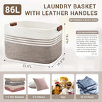 86L Extra Large Laundry Basket with Leather Handles for Living Room Storage, Woven Rope Baskets for Blanket, Kids Toy, Gifts, Wicker Hamper for Bedroom Dirty Clothes, 24"x16"x14" Dark Brown