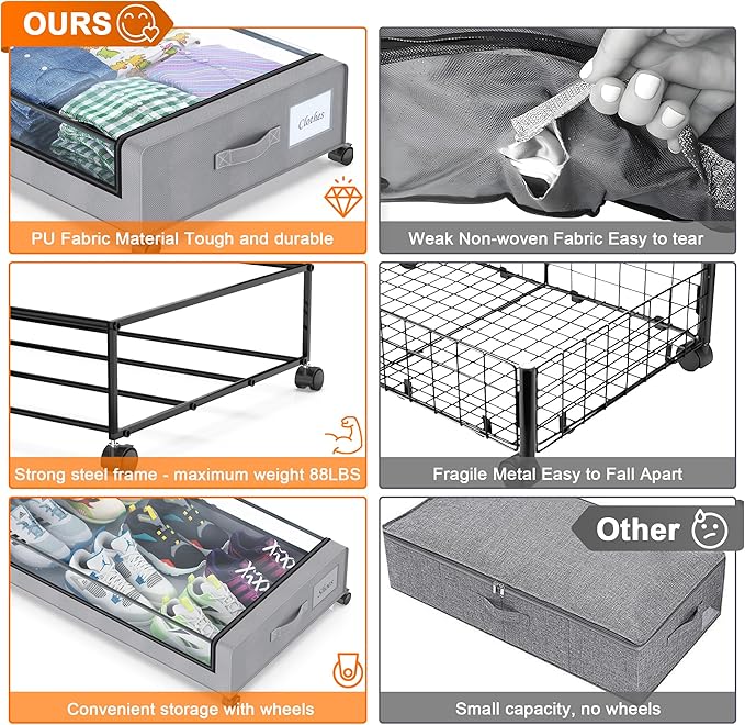 Under Bed Storage with Wheels, 2 Pack Under Bed Storage Containers with Dividers & Clear Lids, XXL 65L Under the bed storage Organizer Bins, Underbed Storage with Wheels for Clothes (Gray, 2 Pack)
