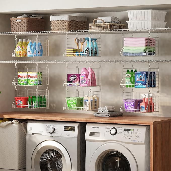 3-Tier Foldable Laundry Basket Organizer with Rotating Hooks - Space-Saving Over Washer and Dryer Shelf for Laundry Room Organization and Storage, Durable Wire Shelving Unit, White