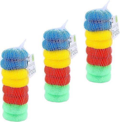 16-Pack Non-Scratch Nylon Scouring Pads – Durable Round Kitchen Scrubbers in 4 Colors – Safe for Non-Stick Cookware – 2.5" Diameter – Multi-Surface Cleaning Pads for Home, Kosher & Commercial Use