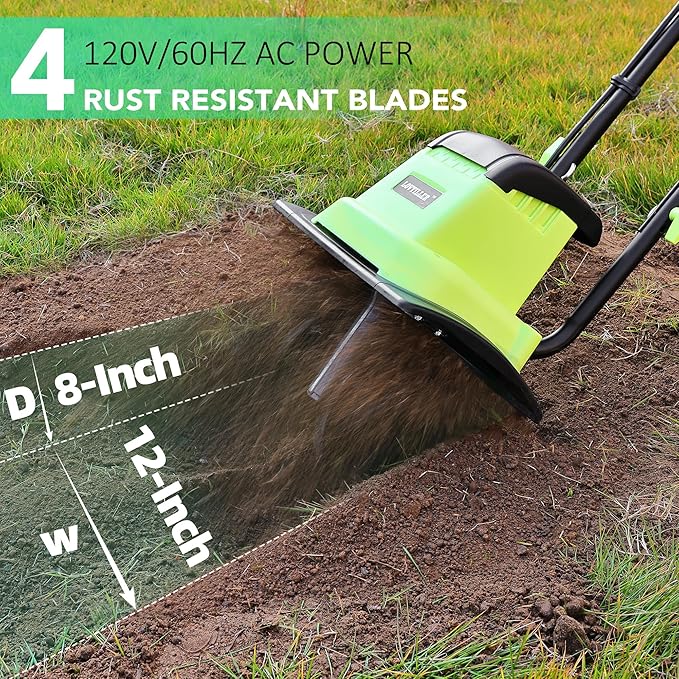 12 Inch Small Electric Corded Garden Tiller Cultivator 8.5 AMP Power Rototiller for Gardening