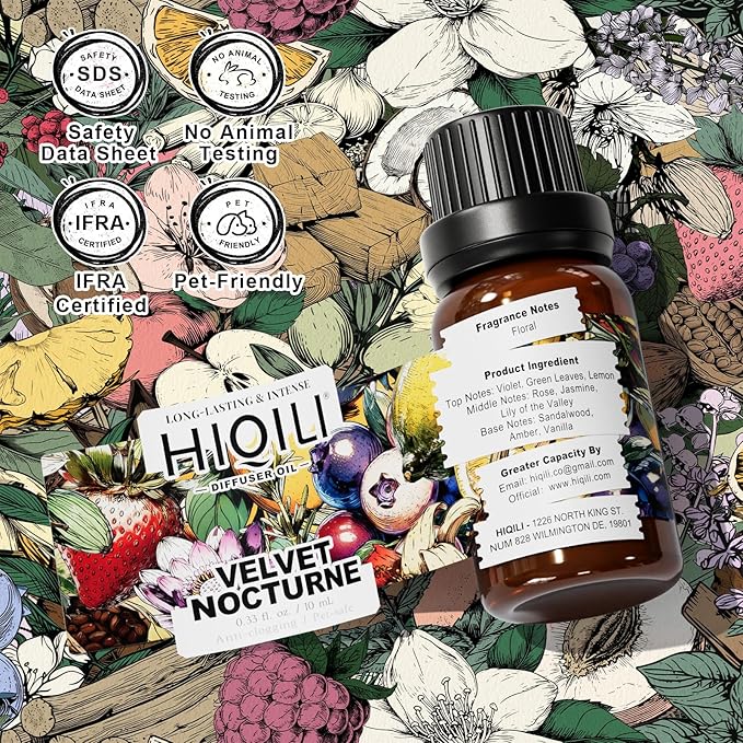 HIQILI Velvet Nocturne Diffuser Oil, Ideal for Hotel Diffuser, Luxury Perfume, Dryer Balls, Pet Friendly, Long Lasting - 0.34 Fl Oz