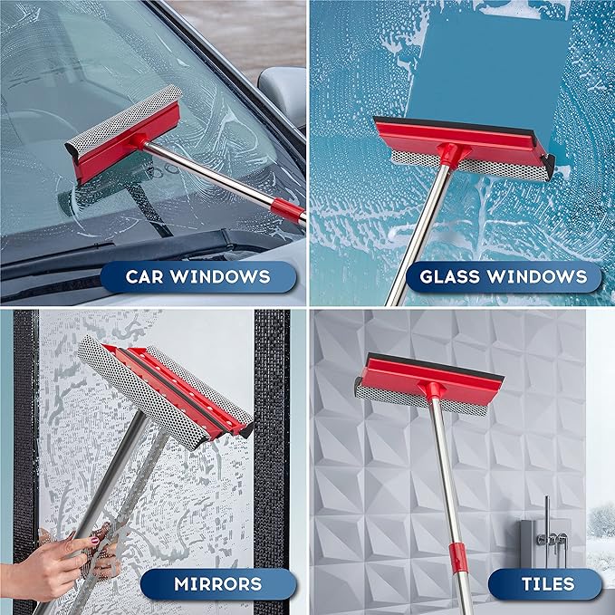 DSV Standard Window Squeegee, 2-in-1 Window Cleaner with 55" Extension Poles, Window Washing Kit, Glass Door Cleaner, Multi-Use Car Windshield Cleaning Tool with Long Handle for High Outdoor Windows