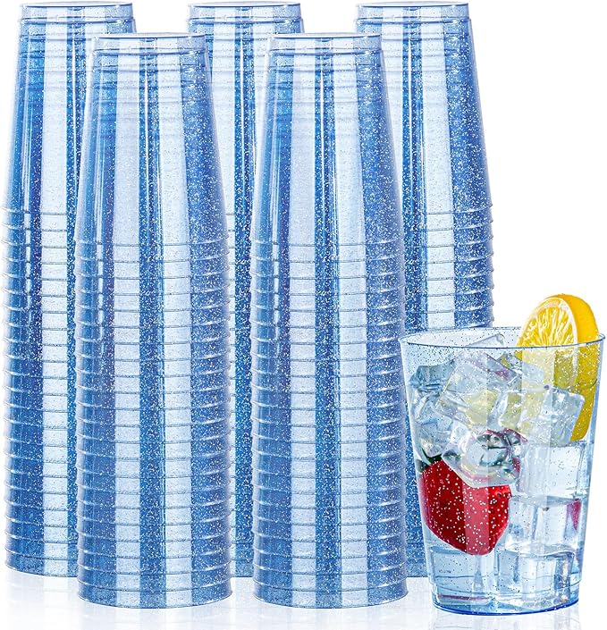 DaYammi 100 Pack Blue Plastic Cups 10 oz Disposable Cups Tumblers, Elegant Blue Glitter Party Drinking Cup Perfect for Wedding, Fancy Disposable Cup Plastic Cocktail Glasses Wine Glasses for Party