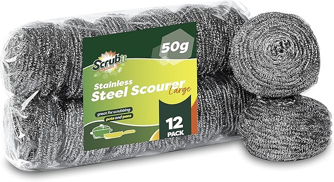 12 Pack Stainless Steel Scourers by Scrub It – Steel Wool Scrubber Pad Used for Dishes, Pots, Pans, and Ovens. Easy scouring for Tough Kitchen Cleaning. (Large (50 gram))